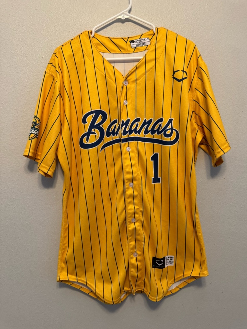 Evoshield Savannah Bananas pinstripe yellow button down jersey. Adult sz L